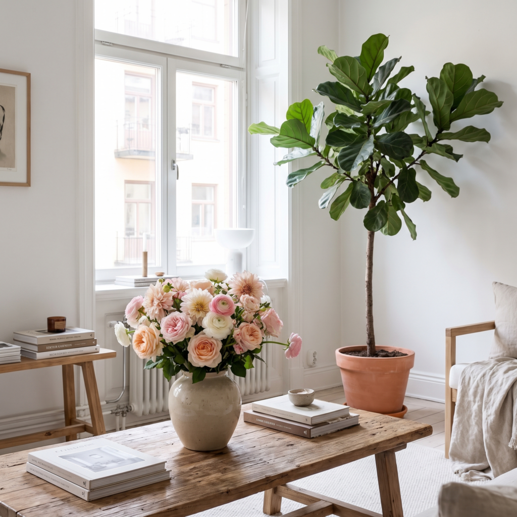 Blombukett i vas och stor krukväxt i ljust vardagsrum