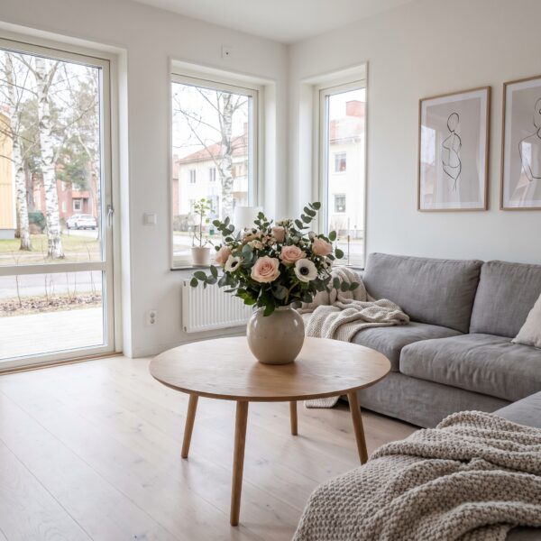 Homestylat vardagsrum med blombukett på soffbordet