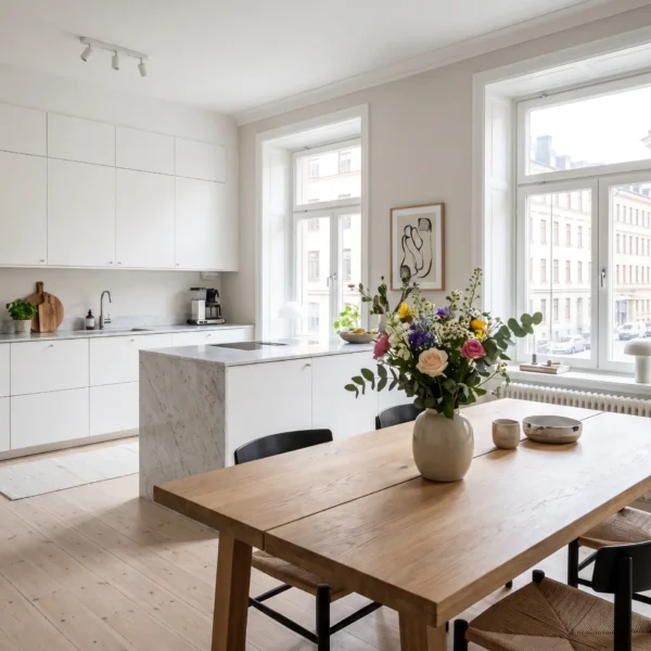 Homestylat kök med blombukett på matbordet